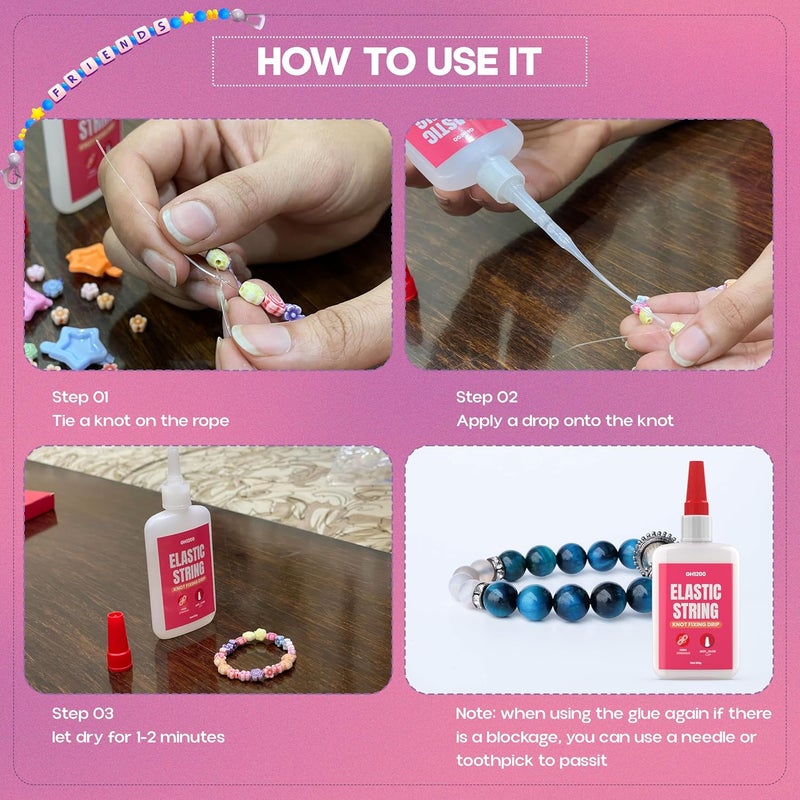 GH1200 Bracelet String Glue with 50 Mess Free Applicators, 30g x 2 PCs Safe to Use Elastic String Glue for Fixing Loose Bracelets, Bracelet Knot, DIY Jewelry Making - Image 3